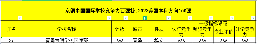2023年京领中国国际学校竞争力百强榜（美国本科方向）——青岛上榜学校情况